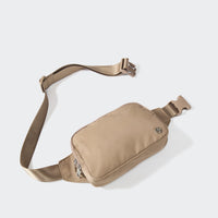 PANDER belt bag in Gray Brown, rear zip pocket and buckle detail