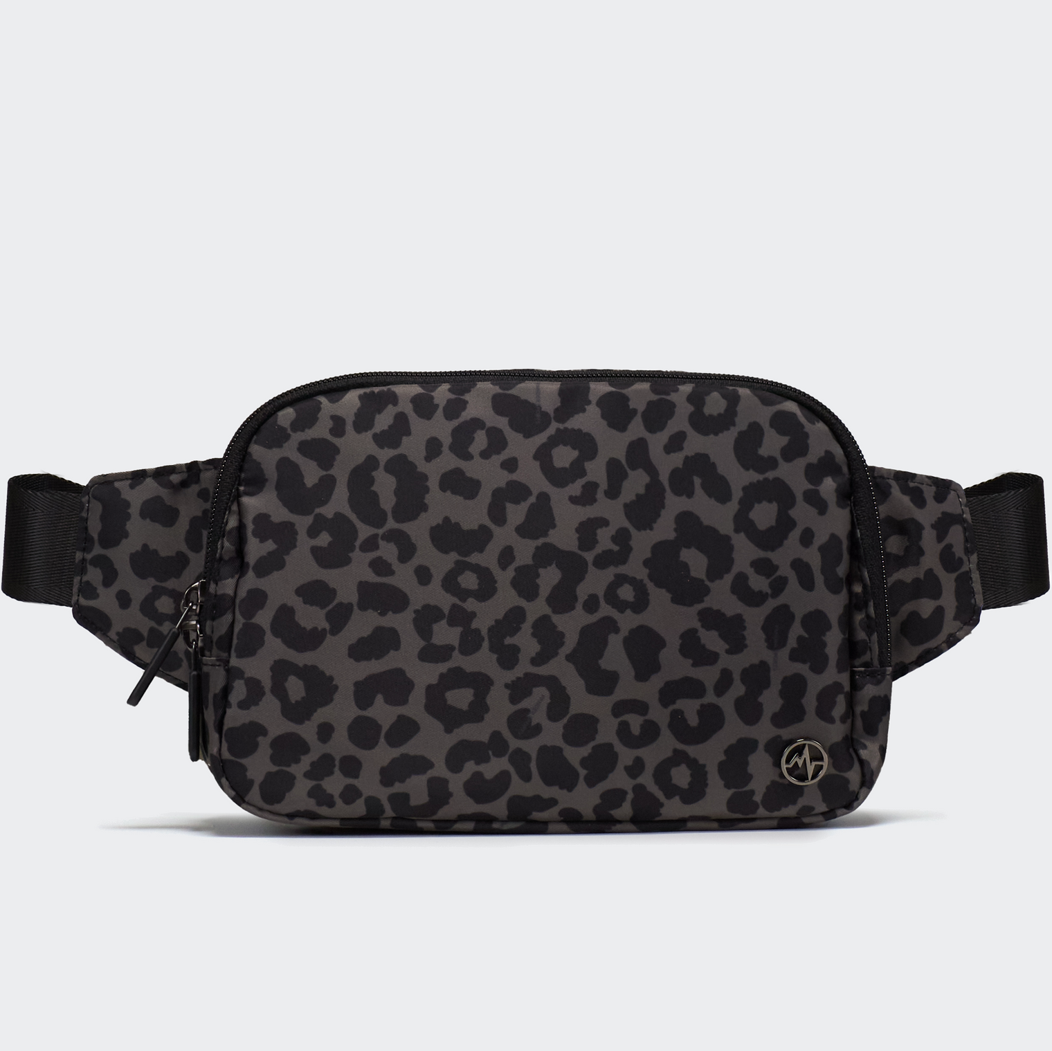 PANDER Everywhere Belt Bag Large 2L in Grey Leopard, straight-on front view on #ECEDEF background
