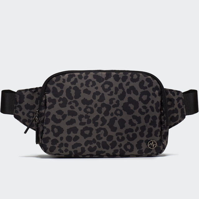 PANDER Everywhere Belt Bag Large 2L in Grey Leopard, straight-on front view on #ECEDEF background