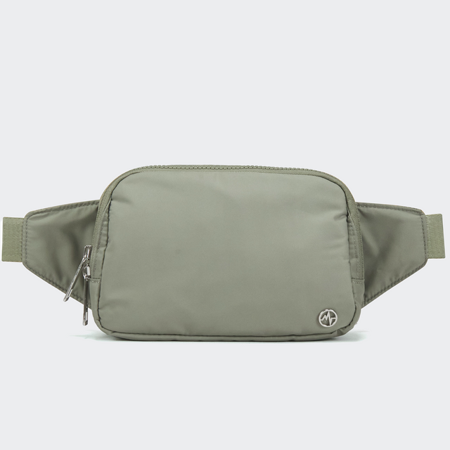 PANDER Everywhere Belt Bag Large 2L in Grey Sage, straight-on front view on #ECEDEF background
