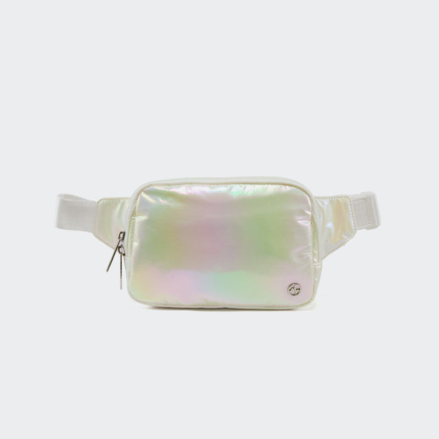 PANDER 2L water-resistant belt bag in Iridescent, side and zipper detail