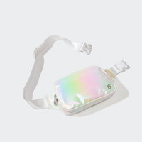 PANDER belt bag in Iridescent, rear zip pocket and buckle detail