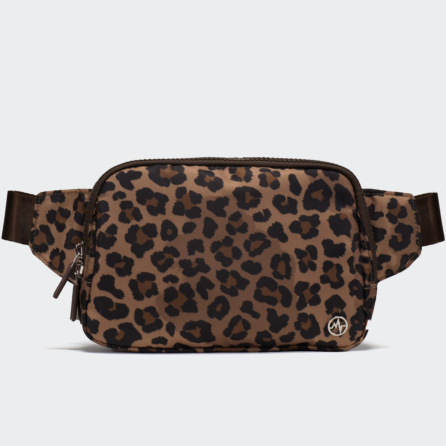 PANDER Everywhere Belt Bag Large 2L in Leopard Multi, straight-on front view on #ECEDEF background