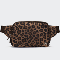 PANDER Everywhere Belt Bag Large 2L in Leopard Multi, straight-on front view on #ECEDEF background