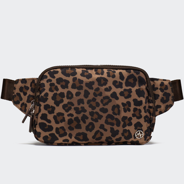 PANDER Everywhere Belt Bag Large 2L in Leopard Multi, straight-on front view on #ECEDEF background