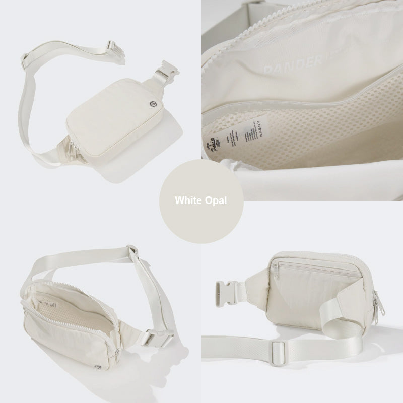 PANDER 2L water-resistant belt bag in White Opal, side and zipper detail