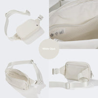 PANDER 2L water-resistant belt bag in White Opal, side and zipper detail