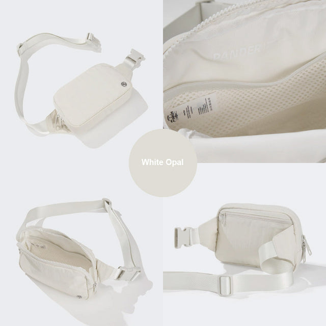 PANDER 2L water-resistant belt bag in White Opal, side and zipper detail